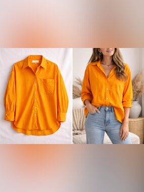 Maeve Anthropologie Orange Button Down Blouse Large Cotton Oversized Top
